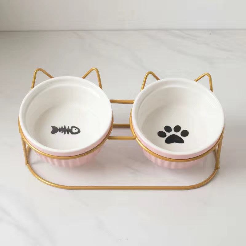 Ceramic Double Pet Bowl Elevated Water And Food Feeding Dish