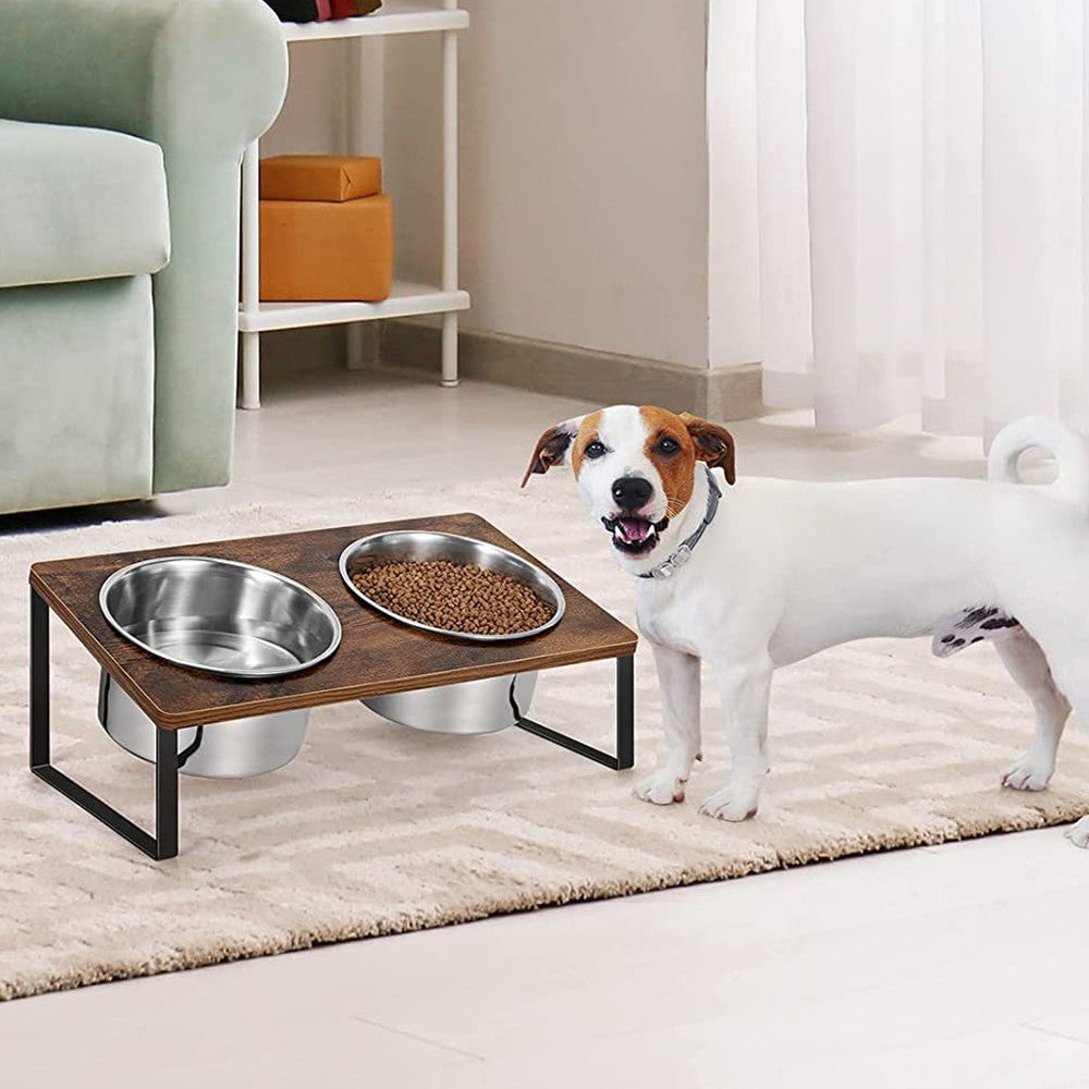 Iron And Wood Pet Feeding Rack With Elevated Bowl Stand