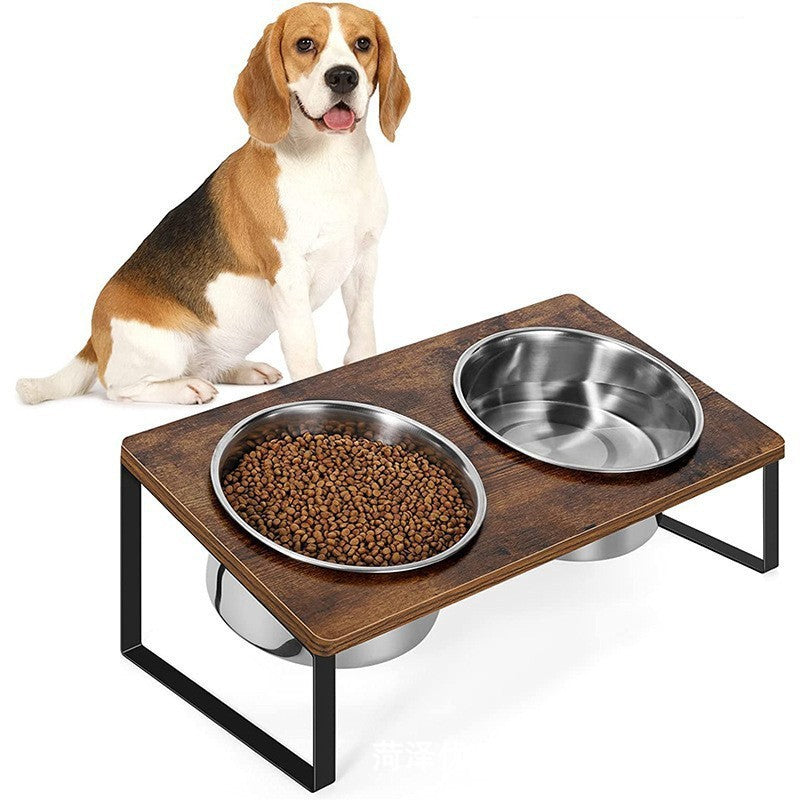 Iron And Wood Pet Feeding Rack With Elevated Bowl Stand