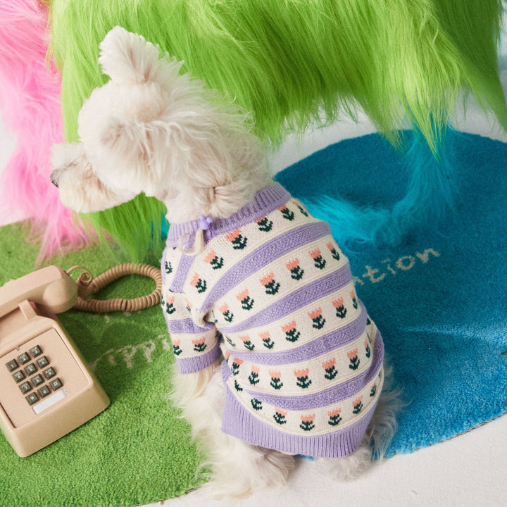 Purple Floral Pet Sweater Cardigan Soft Warm Stylish Design