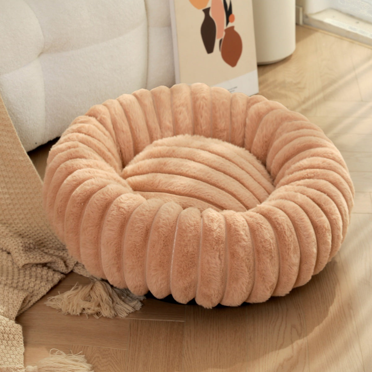 High Weight Plush Pet Bed Round Long Hair Warm Winter Nest