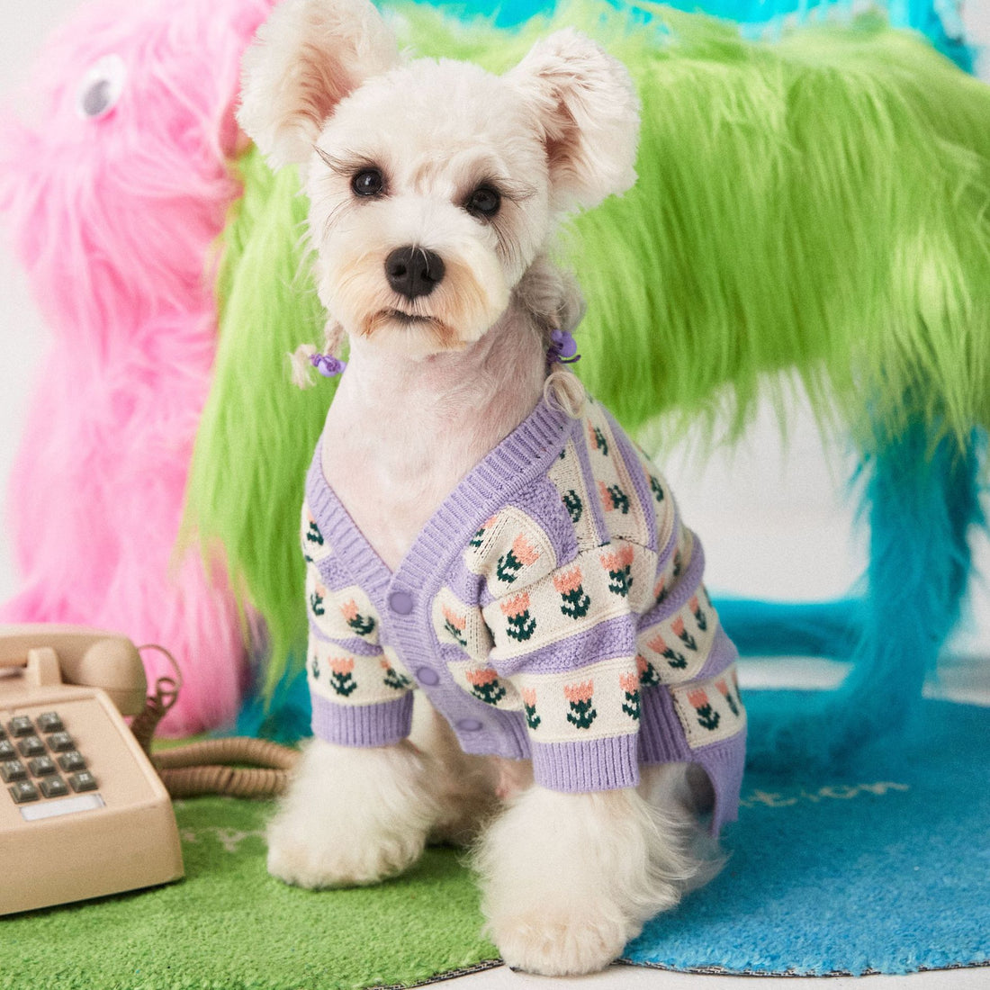 Purple Floral Pet Sweater Cardigan Soft Warm Stylish Design