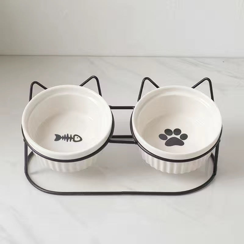 Ceramic Double Pet Bowl Elevated Water And Food Feeding Dish