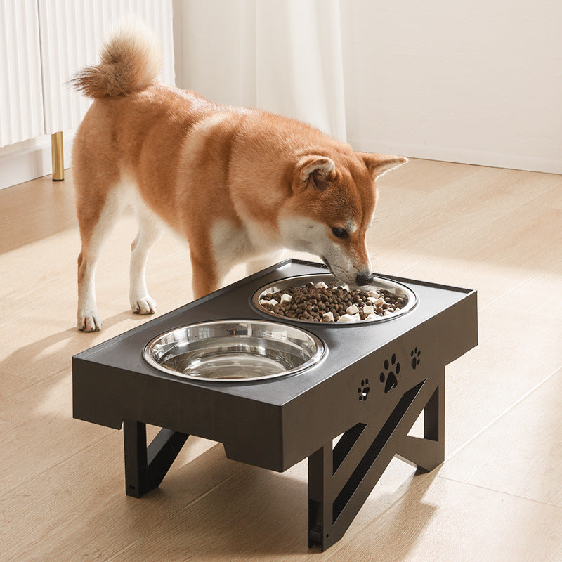 Adjustable Height Foldable Pet Feeding Table With Double Stainless Bowls
