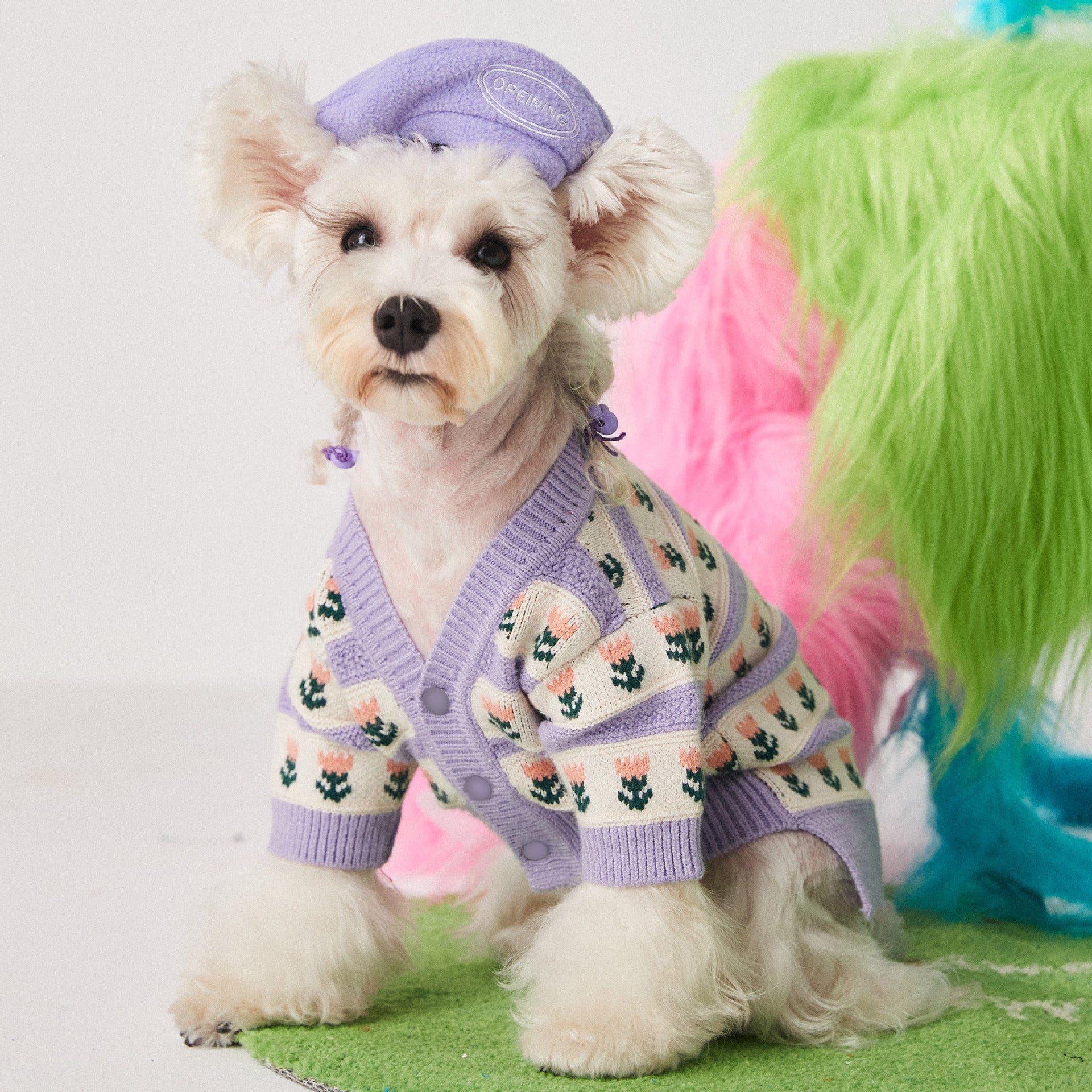 Purple Floral Pet Sweater Cardigan Soft Warm Stylish Design