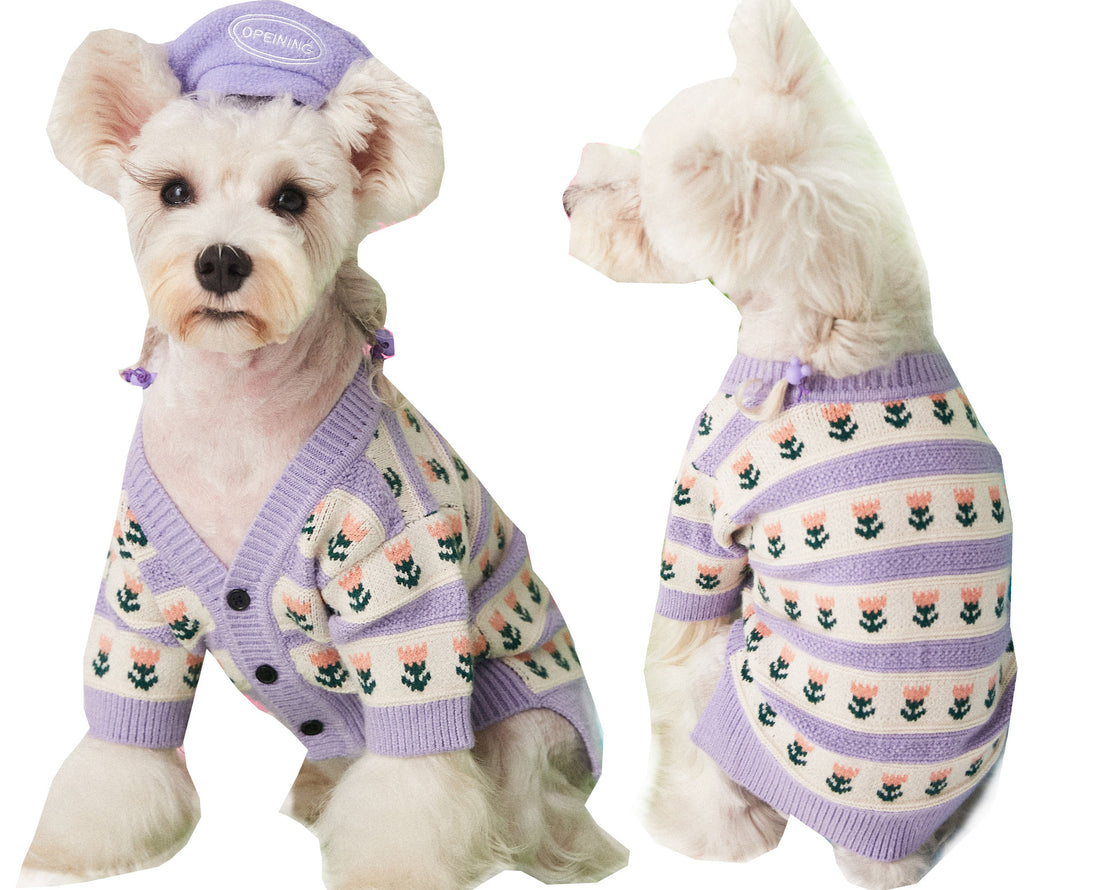 Purple Floral Pet Sweater Cardigan Soft Warm Stylish Design