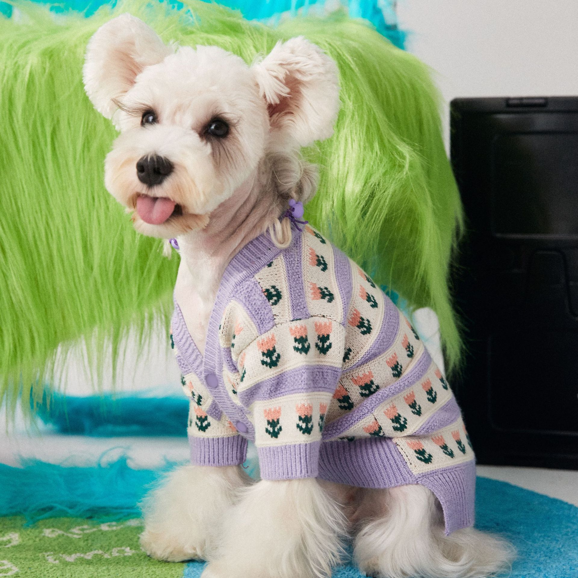 Purple Floral Pet Sweater Cardigan Soft Warm Stylish Design
