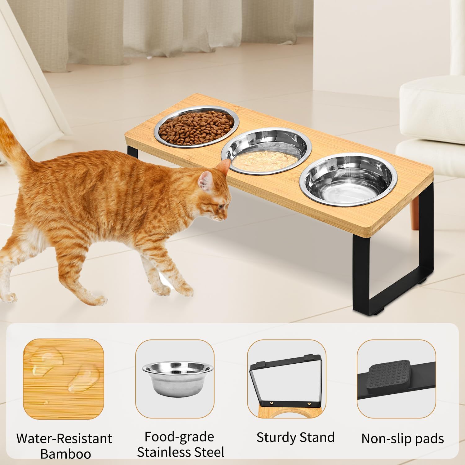 Iron And Wood Pet Feeding Rack With Elevated Bowl Stand